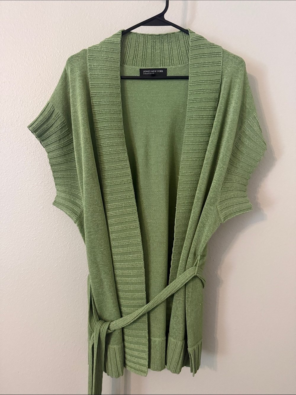 Jones New York Light Green Open-Front Knit Belted Cardigan